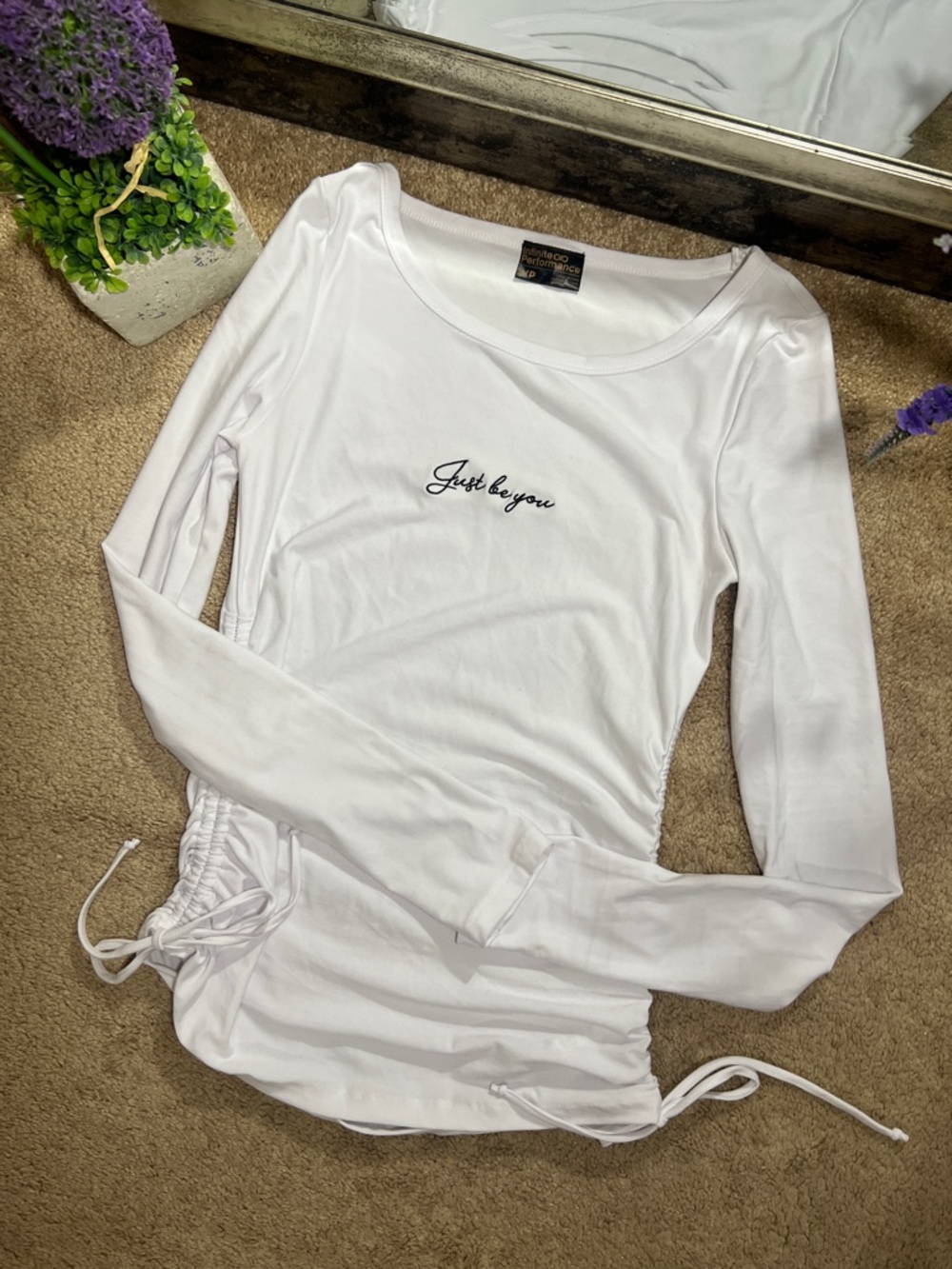White Long Sleeve Tee with Side Drawstrings - Just For You